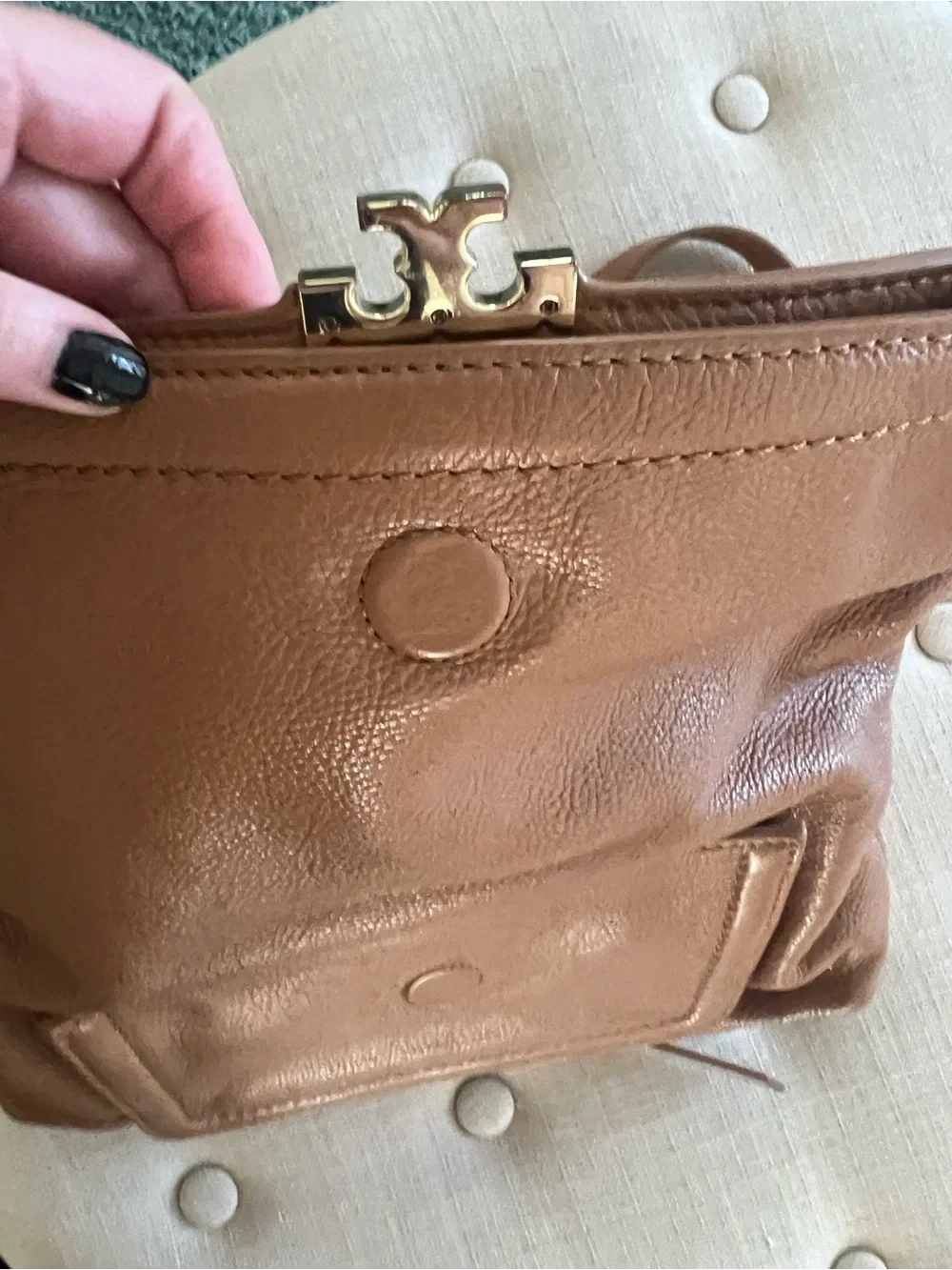 Tory Burch Cognac Fold over Amanda  Tan Leather Shoulder Bag with Gold Hardware